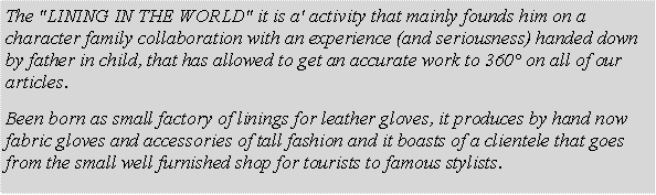 Casella di testo: The "LINING IN THE WORLD" it is a' activity that mainly founds him on a character family collaboration with an experience (and seriousness) handed down by father in child, that has allowed to get an accurate work to 360 on all of our articles. Been born as small factory of linings for leather gloves, it produces by hand now fabric gloves and accessories of tall fashion and it boasts of a clientele that goes from the small well furnished shop for tourists to famous stylists.
